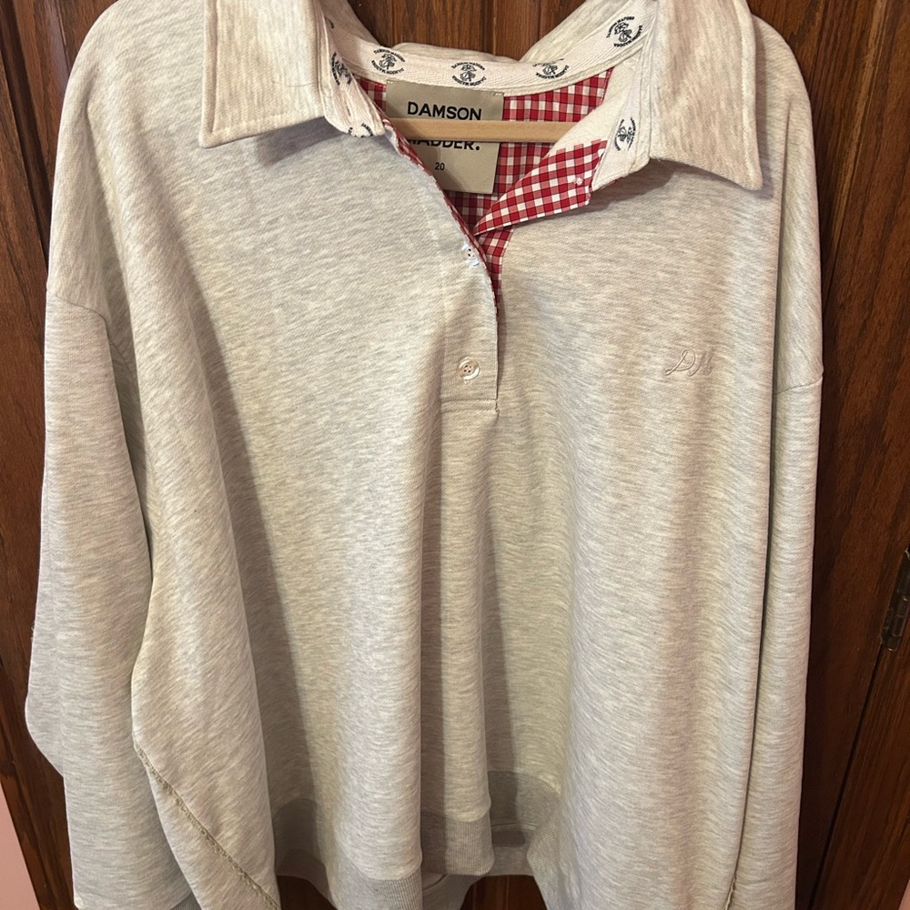 Damson Madder Gray Collared Pullover with Red Checkered Detail